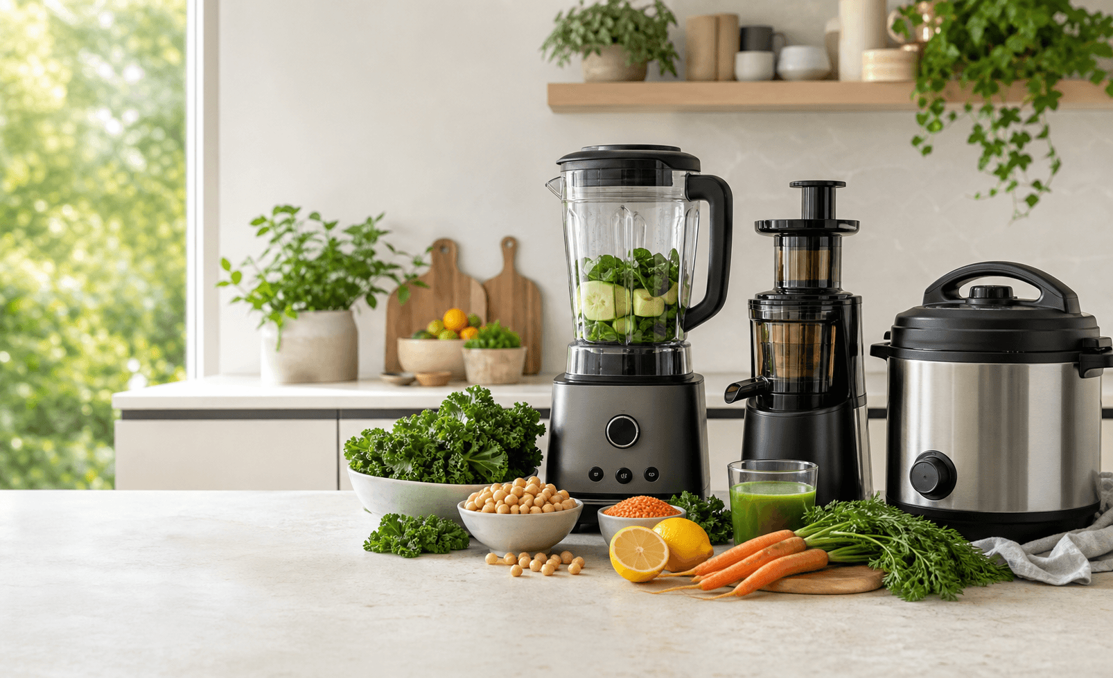 Blender, cold-press juicer, and pressure cooker surrounded by leafy greens, citrus, carrots, chickpeas, and lentils