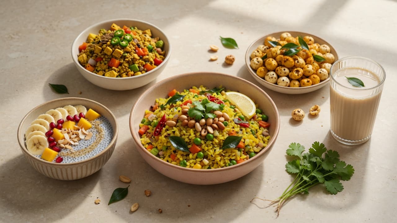 Plant-based breakfast spread with vegetable poha, tofu scramble, chia pudding, and plant milk